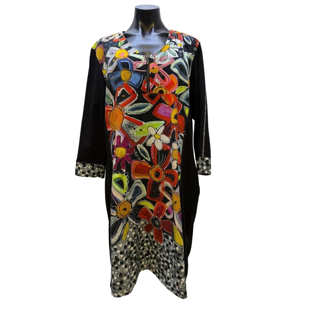 Simply Art By Dolcezza Black Multi Floral Print Dress With Front Zipper & 3/4 Sl